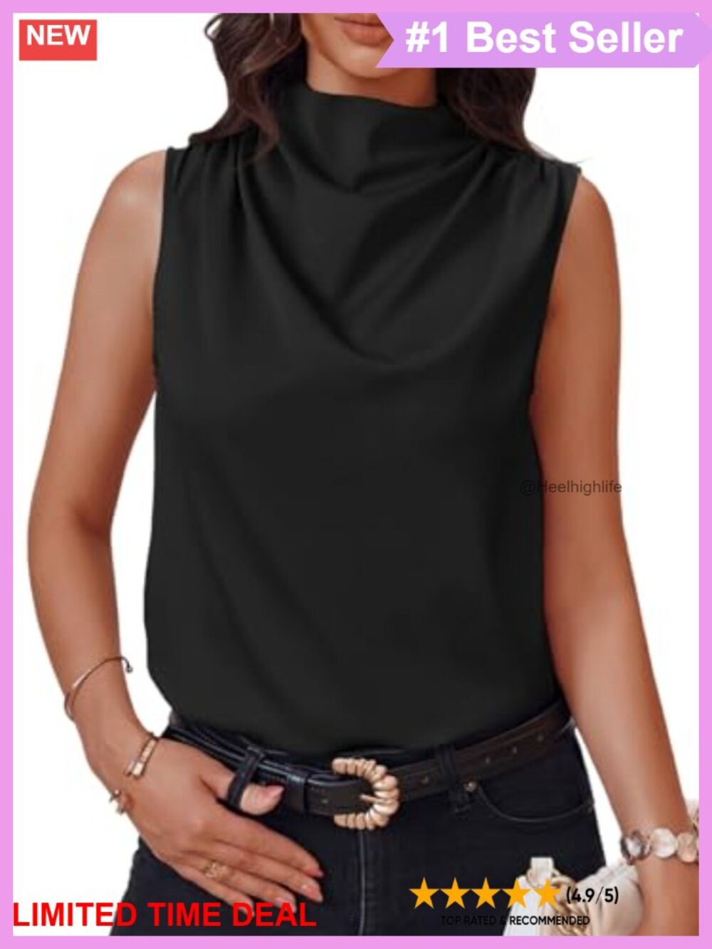 Womens Satin Tank Top Mock Neck Ruched Sleeveless Business Casual Blouse